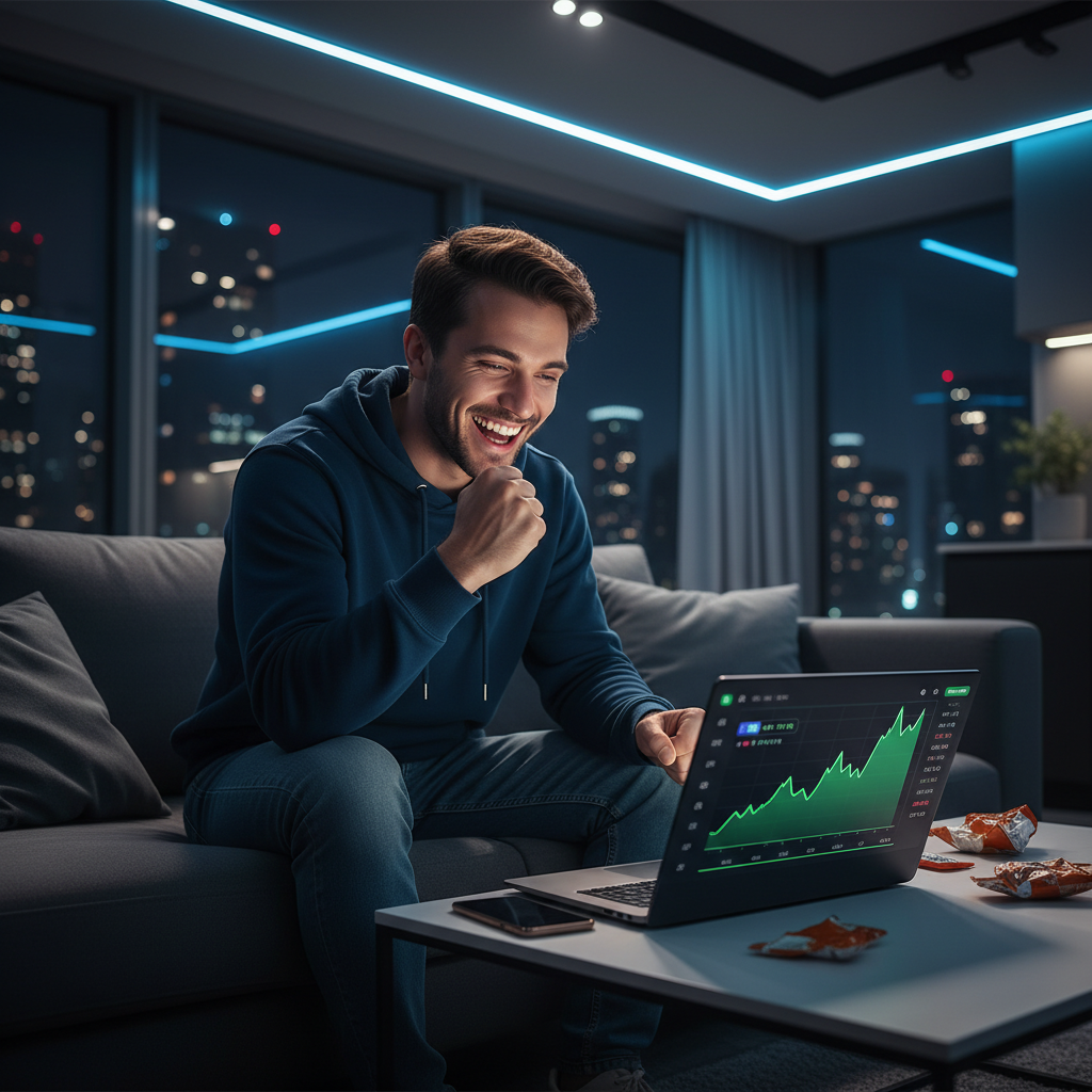 Man celebrating a successful crypto trade while looking at a price chart on his laptop.