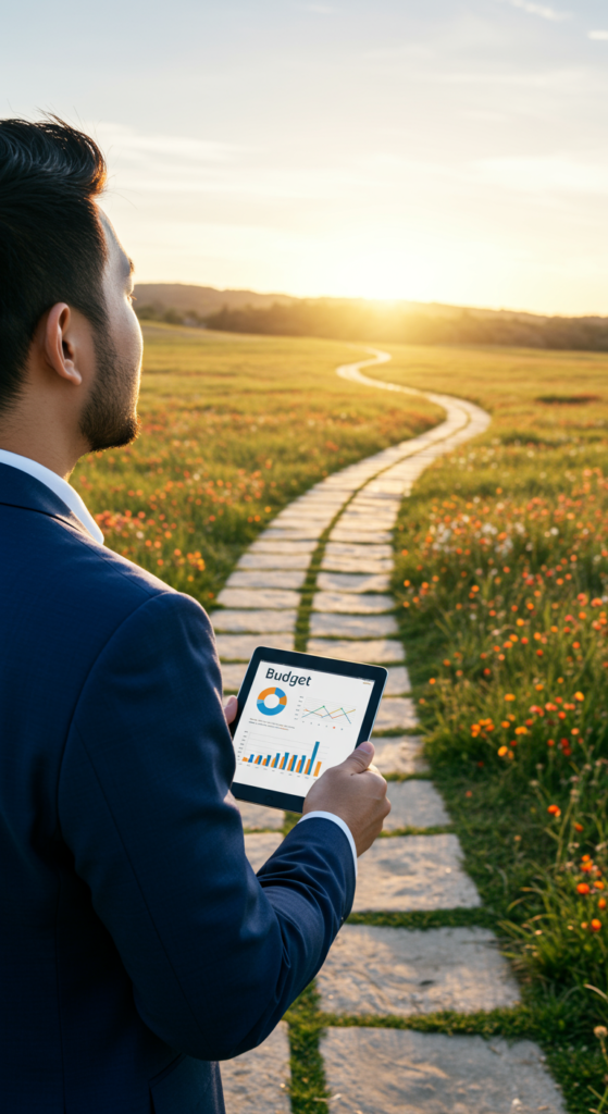 A person holding a tablet with a budget app, looking towards a bright future.