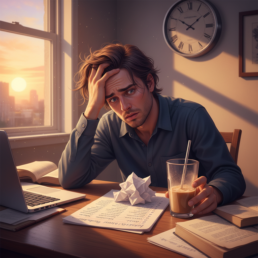 A frustrated professional sitting at a messy desk late in the evening.