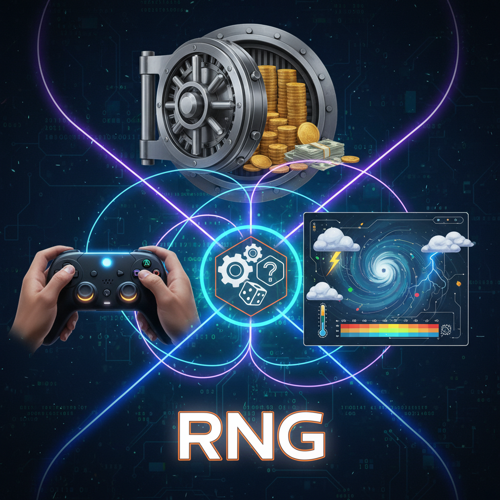 Icons for banking, gaming, and weather connected to a central Random Number Generator symbol.