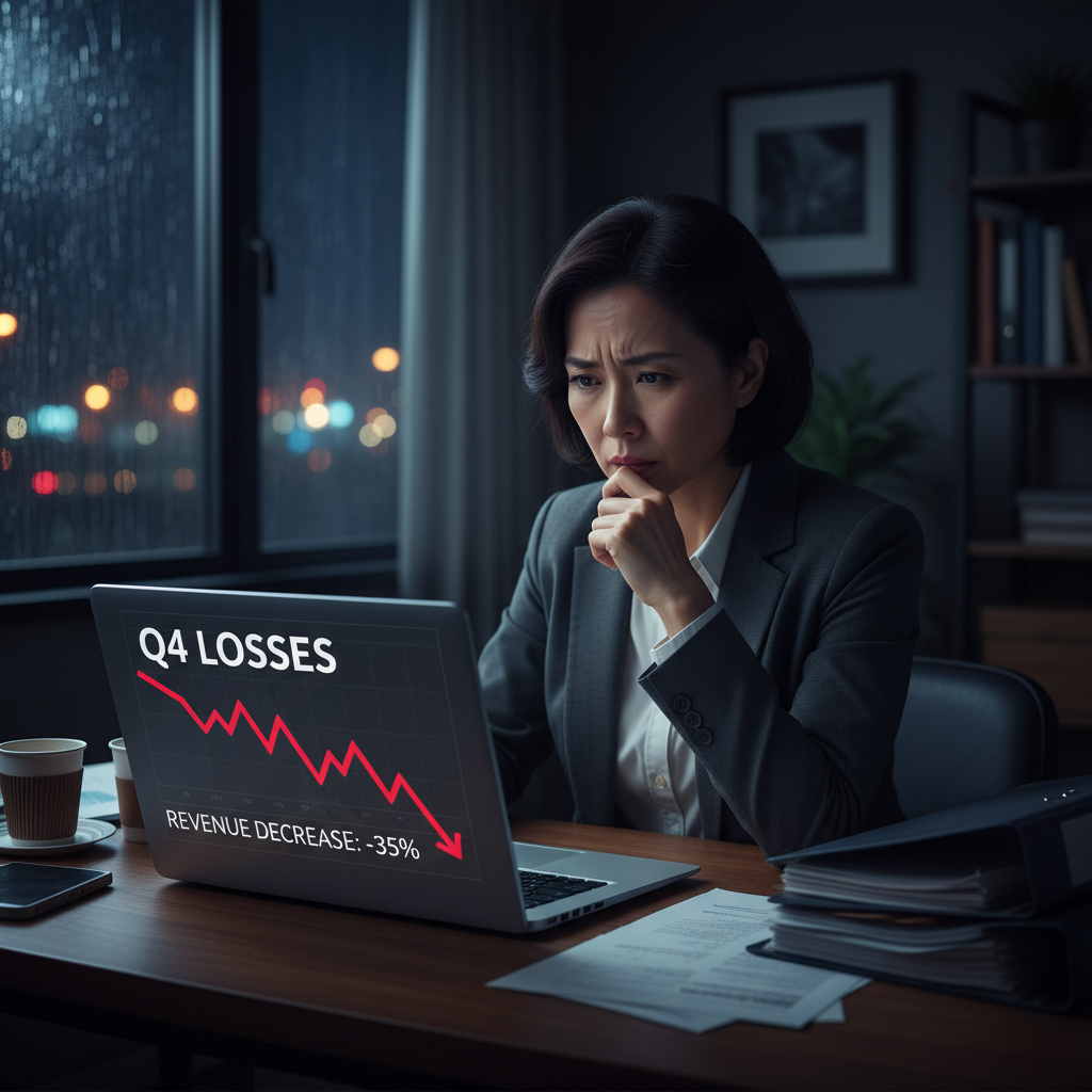 A stressed business owner reviewing a negative financial report on a screen at night.