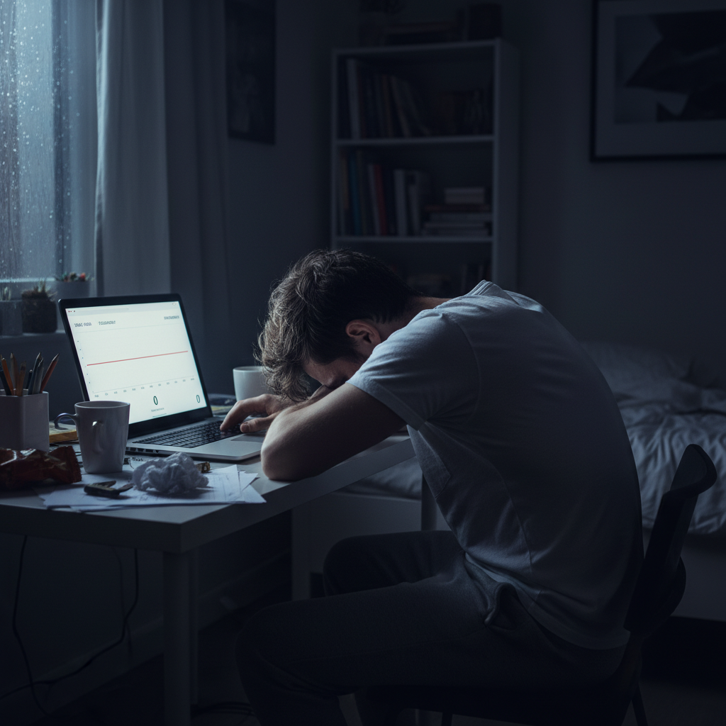 Writer looking disappointed at a computer screen showing a flatline analytics graph.