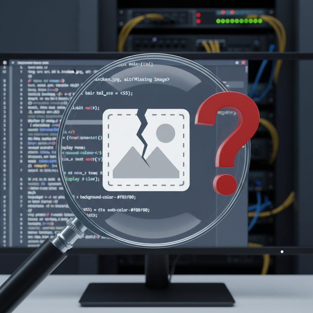 Magnifying glass over a broken image icon, symbolizing how search engines see images without alt text.