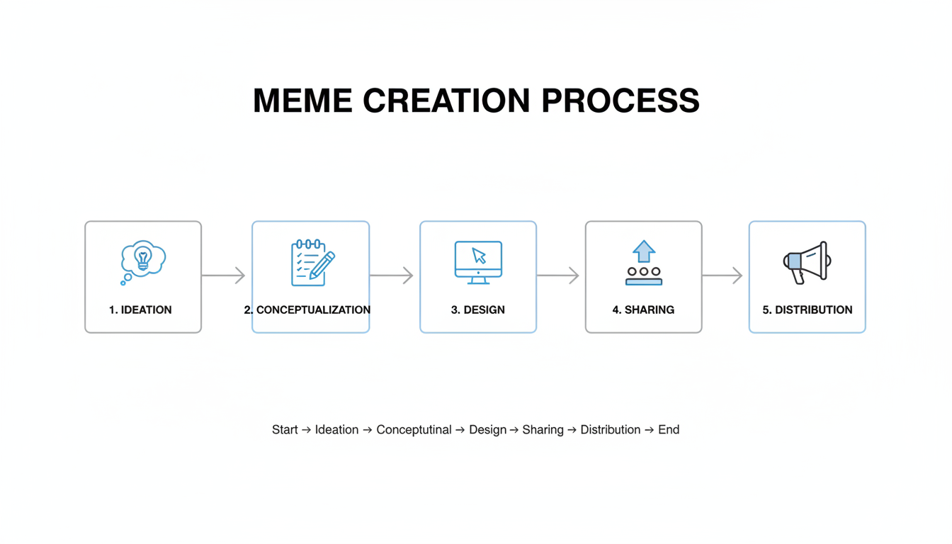 white meme format - A minimalist flowchart diagram illustrating the 5-step meme creation process, from 'Ideation' to 'Distribution', with clean lines and icons.