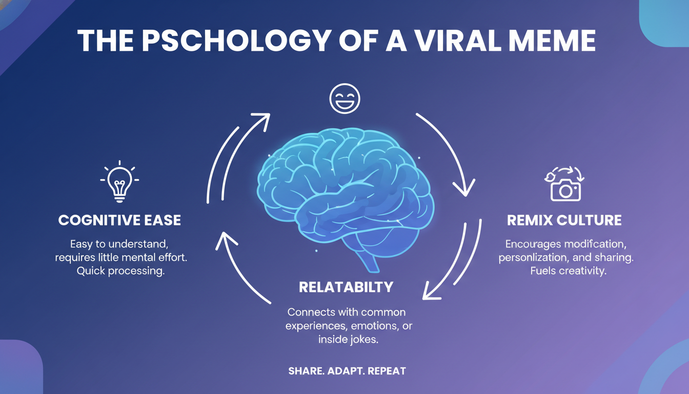 white meme format - An educational infographic titled 'The Psychology of a Viral Meme' showing a brain with sections for Cognitive Ease, Relatability, and Remix Culture, with simple icons and short explanations.