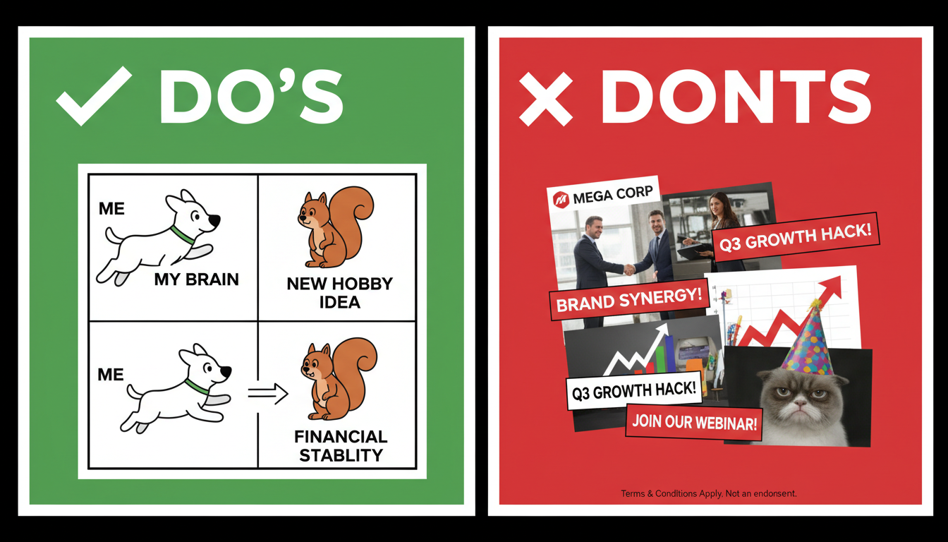 white meme format - A high-contrast graphic comparing 'Do's and Don'ts' for meme creation. The 'Do' side has a green checkmark and shows a simple, clever meme. The 'Don't' side has a red X and shows an overly complex, branded meme.