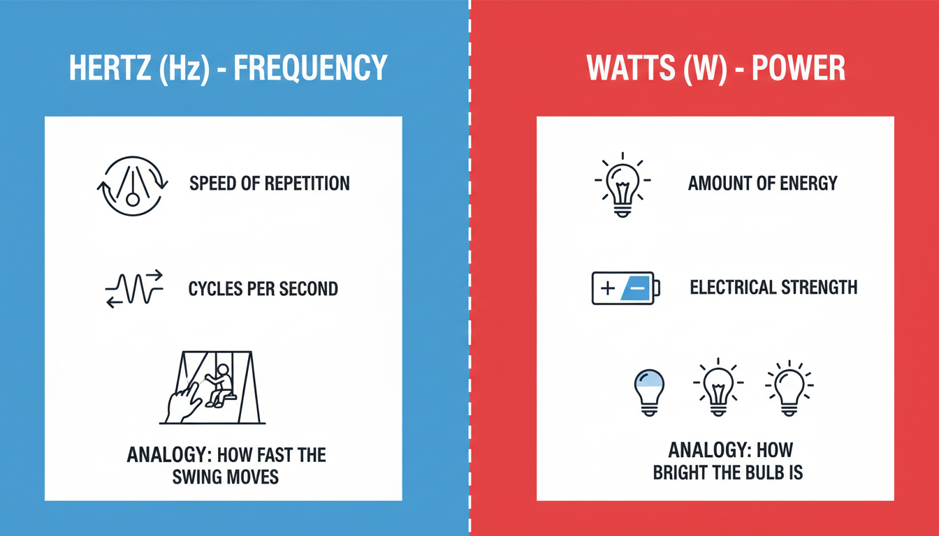 hertz to watts - Educational infographic comparing Hertz (frequency) and Watts (power) side-by-side with clear icons and simple analogies like a swinging pendulum for Hz and a lightbulb's brightness for Watts.