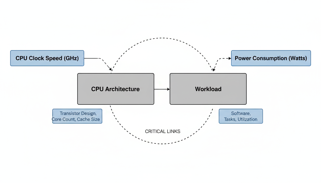 hertz to watts - Professional minimalist flowchart showing the relationship between CPU clock speed (GHz) and power consumption (Watts), highlighting that factors like 'CPU Architecture' and 'Workload' are the critical links between them.