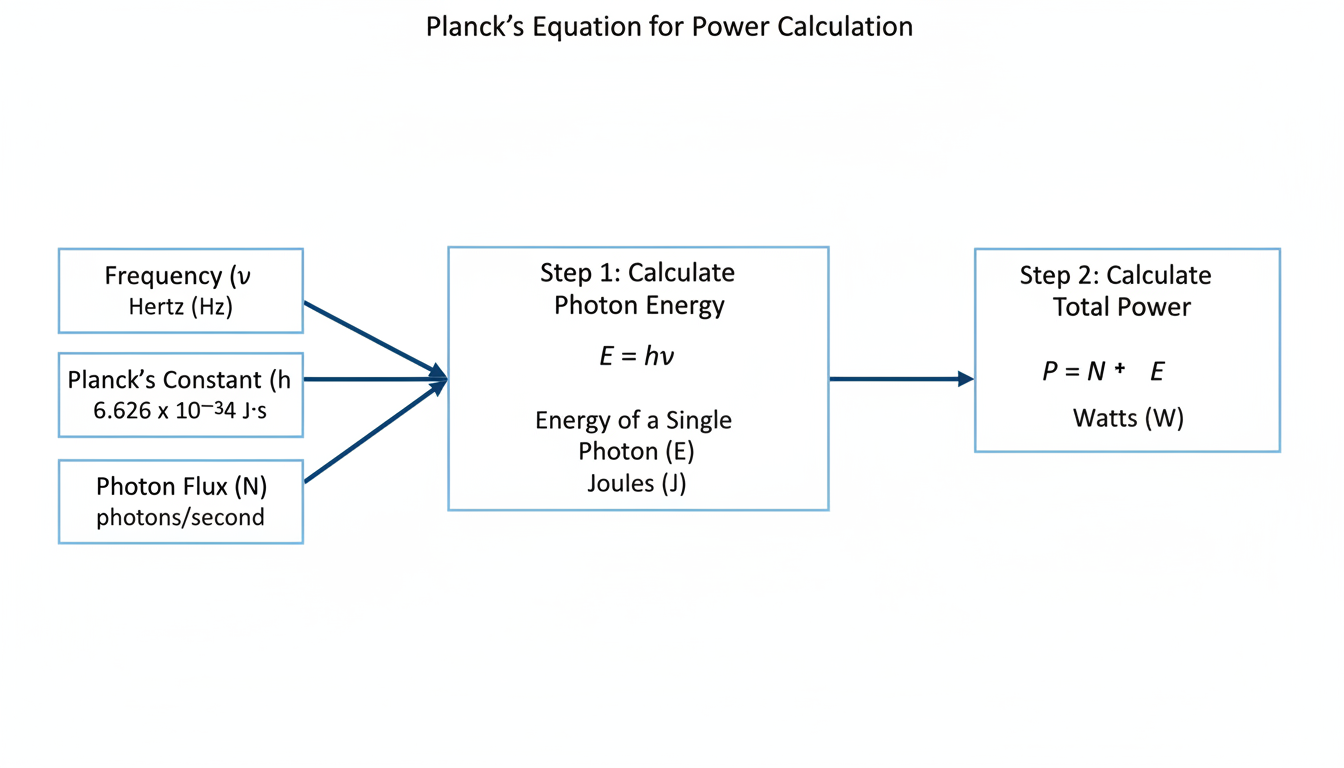 hertz to watts - Step-by-step diagram illustrating the Planck's equation calculation to find power (Watts) from frequency (Hertz), showing inputs like 'Frequency (ν)', 'Planck's Constant (h)', and the crucial 'Photon Flux (N)' leading to the final 'Power (P)'.