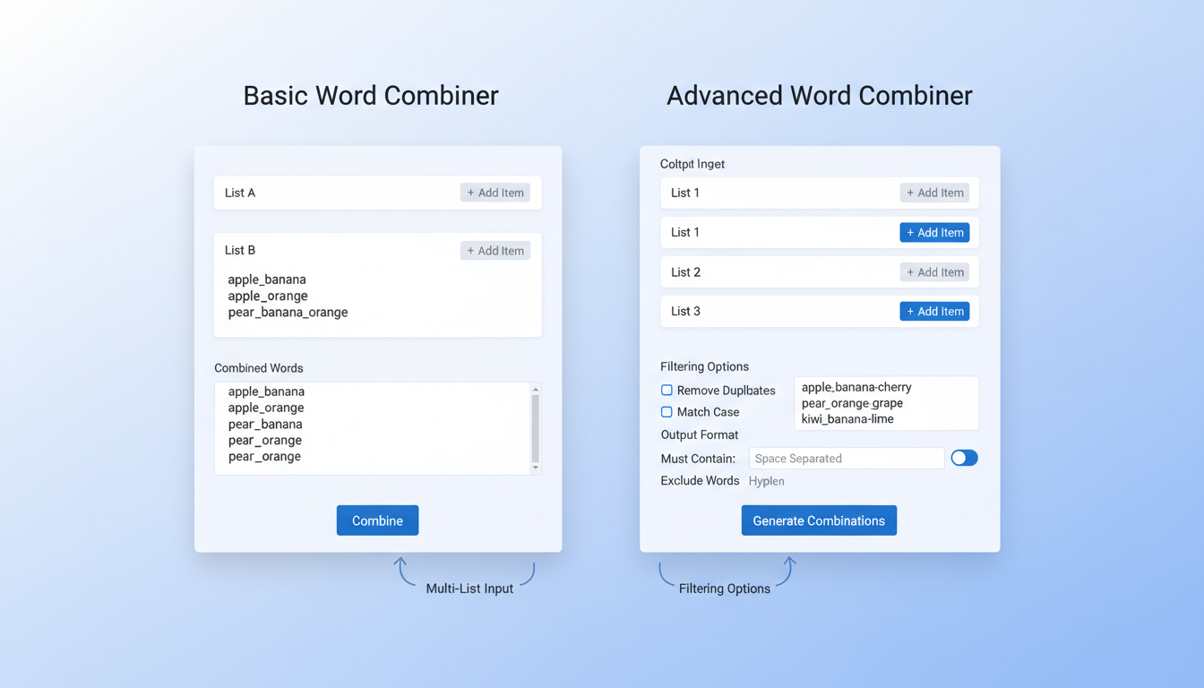 Word Combiner Generator - A high-quality graphic comparing the user interface of a 'Basic Word Combiner' vs. an 'Advanced Word Combiner', highlighting features like multi-list input and filtering options.