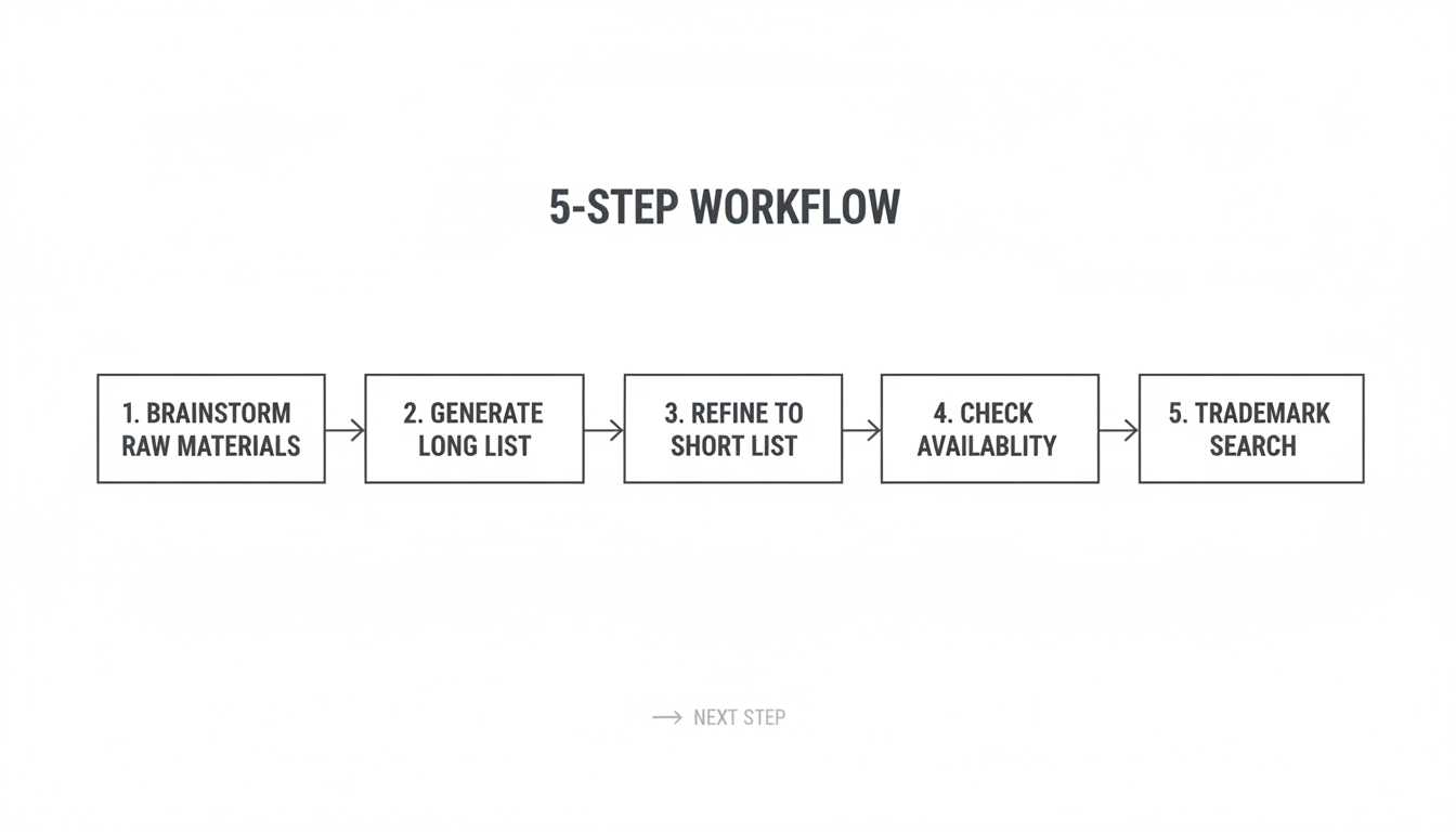 Word Combiner Generator - A professional minimalist flowchart showing the 5-step workflow: 1. Brainstorm Raw Materials -> 2. Generate Long List -> 3. Refine to Short List -> 4. Check Availability -> 5. Trademark Search.