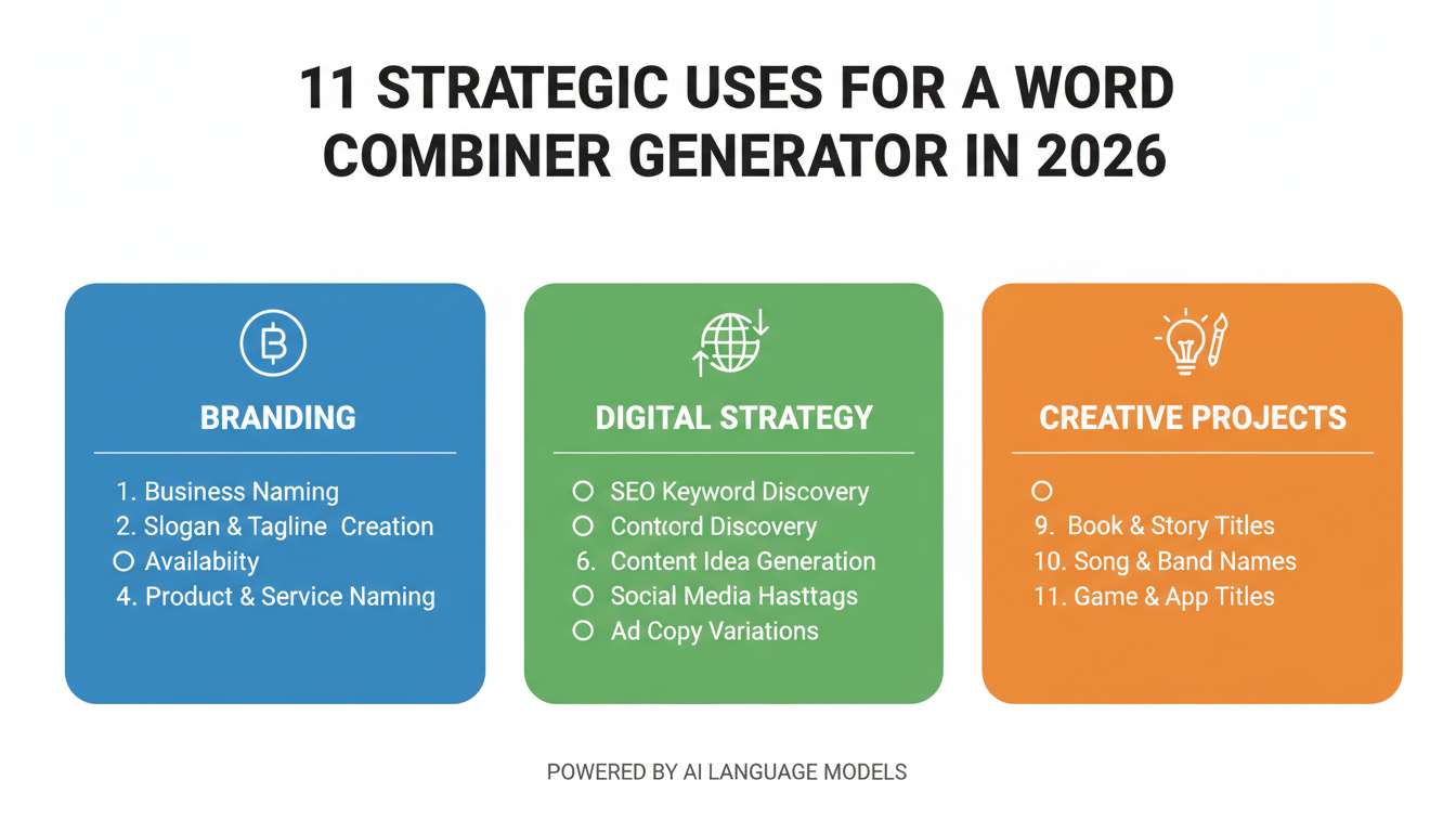 Word Combiner Generator - Detailed infographic titled '11 Strategic Uses for a Word Combiner Generator in 2026', with icons for each category: Branding, Digital Strategy, and Creative Projects.