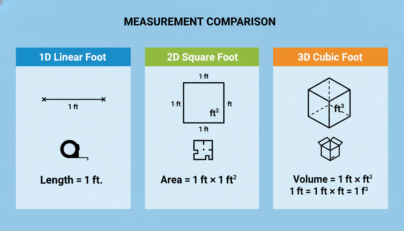 Linear foot to feet - A clean, educational infographic visually comparing a 1D line (Linear Foot), a 2D square (Square Foot), and a 3D cube (Cubic Foot) with simple icons and formulas for each.
