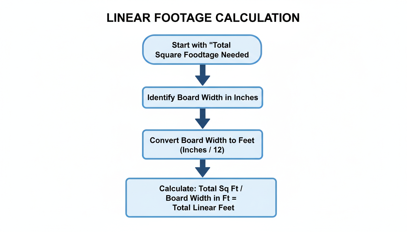 Linear foot to feet - A simple, clean flowchart diagram showing the process: Start with 'Total Square Footage Needed'. Next step: 'Identify Board Width in Inches'. Next step: 'Convert Board Width to Feet (Inches / 12)'. Final step: 'Calculate: Total Sq Ft / Board Width in Ft = Total Linear Feet'.