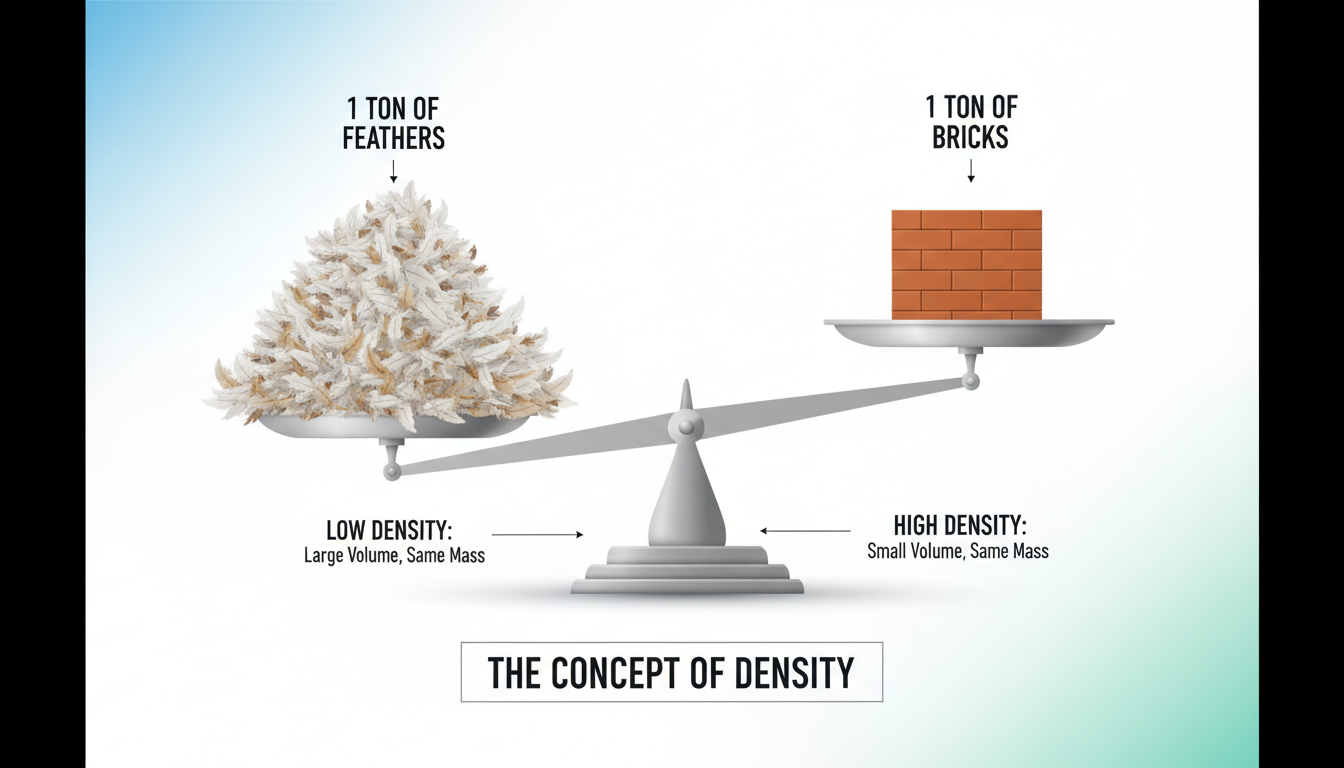convert tons to cubic yards - Educational infographic comparing 1 ton of feathers on one side of a scale and 1 ton of bricks on the other. The feathers are in a massive, overflowing pile, while the bricks are a small, compact stack, visually demonstrating the concept of density.