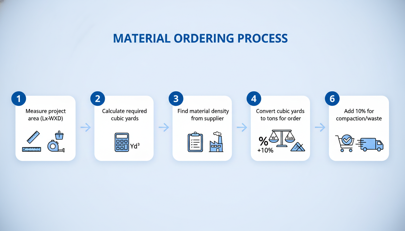 convert tons to cubic yards - A step-by-step diagram showing the material ordering process. Step 1: Measure project area (LxWxD). Step 2: Calculate required cubic yards. Step 3: Find material density from supplier. Step 4: Convert cubic yards to tons for order. Step 5: Add 10% for compaction/waste. Step 6: Place order.