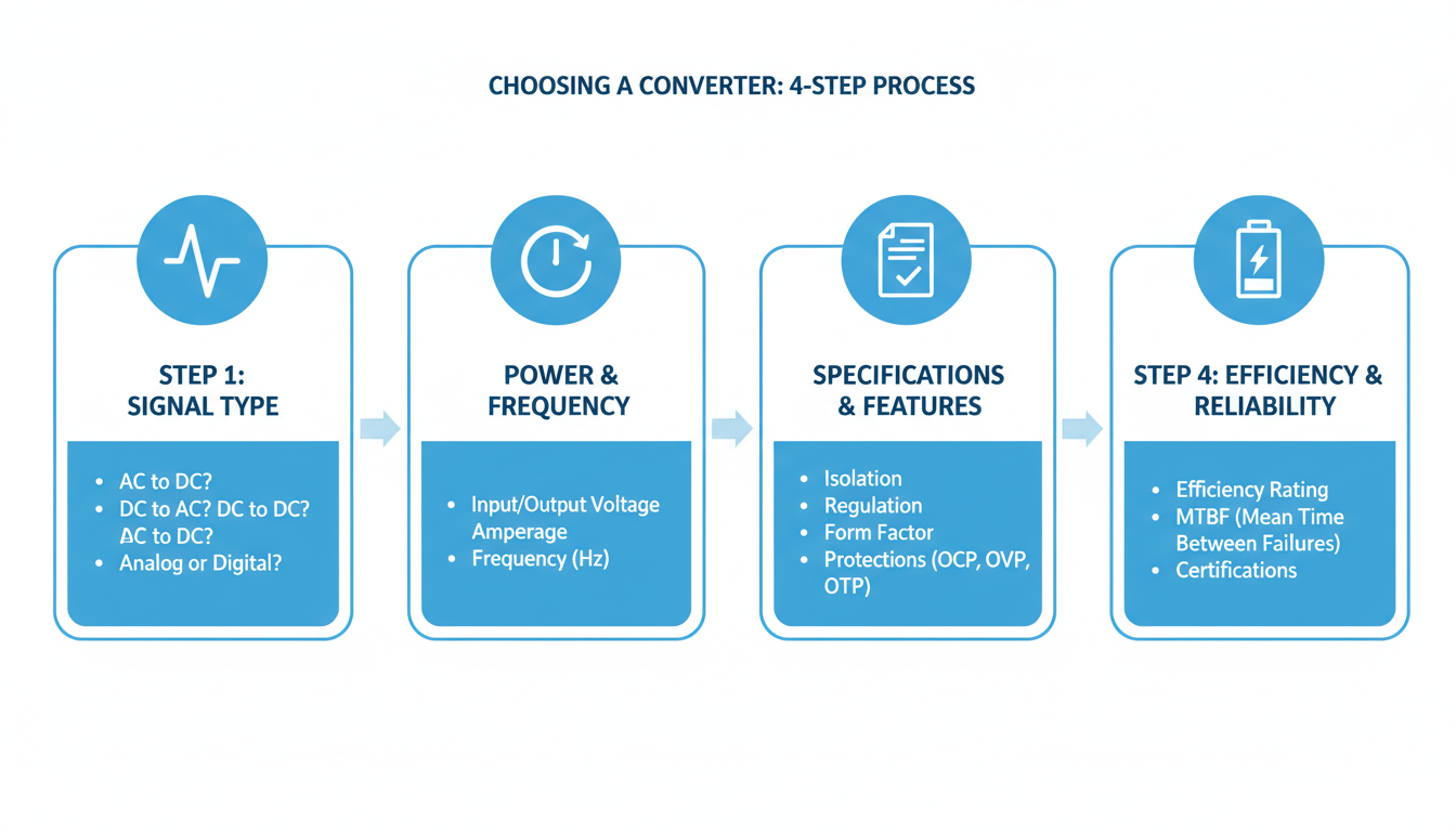 Converter Memory - A clean, step-by-step infographic visualizing the 4-step process for choosing a converter. Each step has a simple icon: a waveform for step 1, a clock for step 2, a document for step 3, and a battery for step 4.