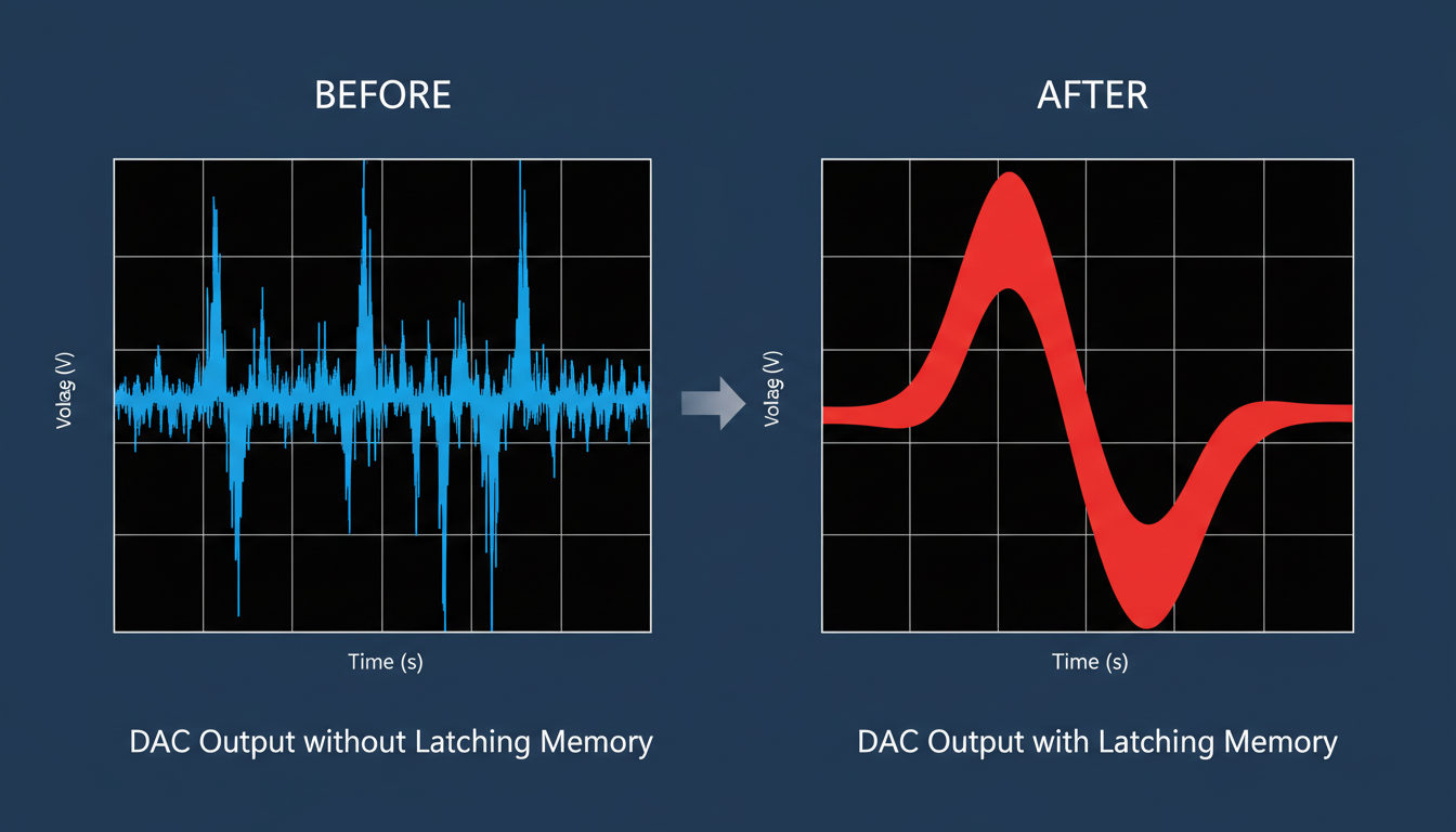 Converter Memory - A detailed comparison graphic showing two signal graphs. The 'Before' graph shows a jagged, glitchy sine wave labeled 'DAC Output without Latching Memory'. The 'After' graph shows a perfectly smooth sine wave labeled 'DAC Output with Latching Memory'.