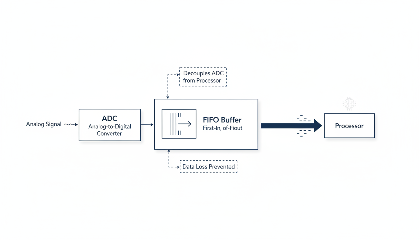 Converter Memory - Professional minimalist flowchart showing an analog signal entering an ADC. The ADC converts it to digital data, which flows into a FIFO buffer (visualized as a queue). A processor then reads the data from the FIFO in bursts. Annotations highlight 'Data Loss Prevented' and 'Decouples ADC from Processor'.