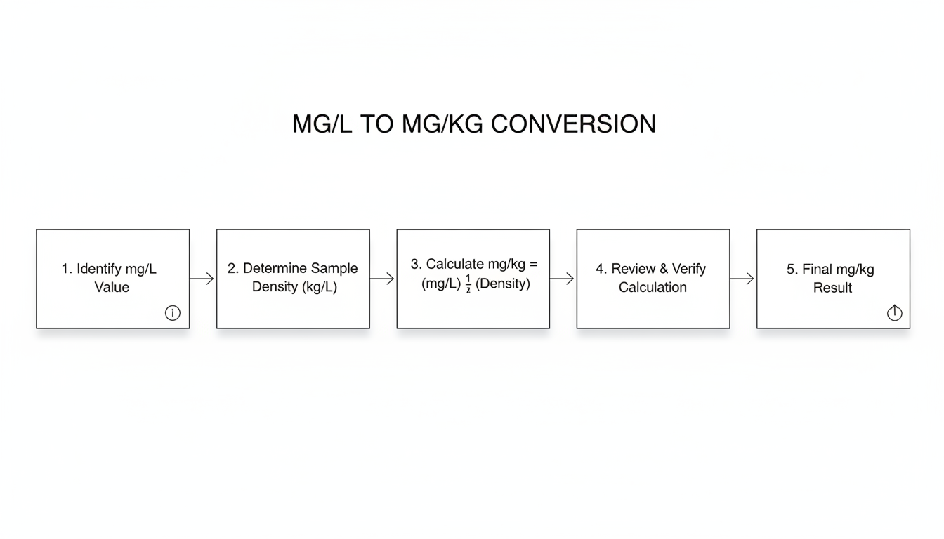 convert mg/L to mg/kg - Professional minimalist flowchart showing the 5-step workflow to convert mg/L to mg/kg. Each step should be a clear, concise box connected by arrows, starting with 'Identify mg/L Value' and ending with 'Final mg/kg Result'.
