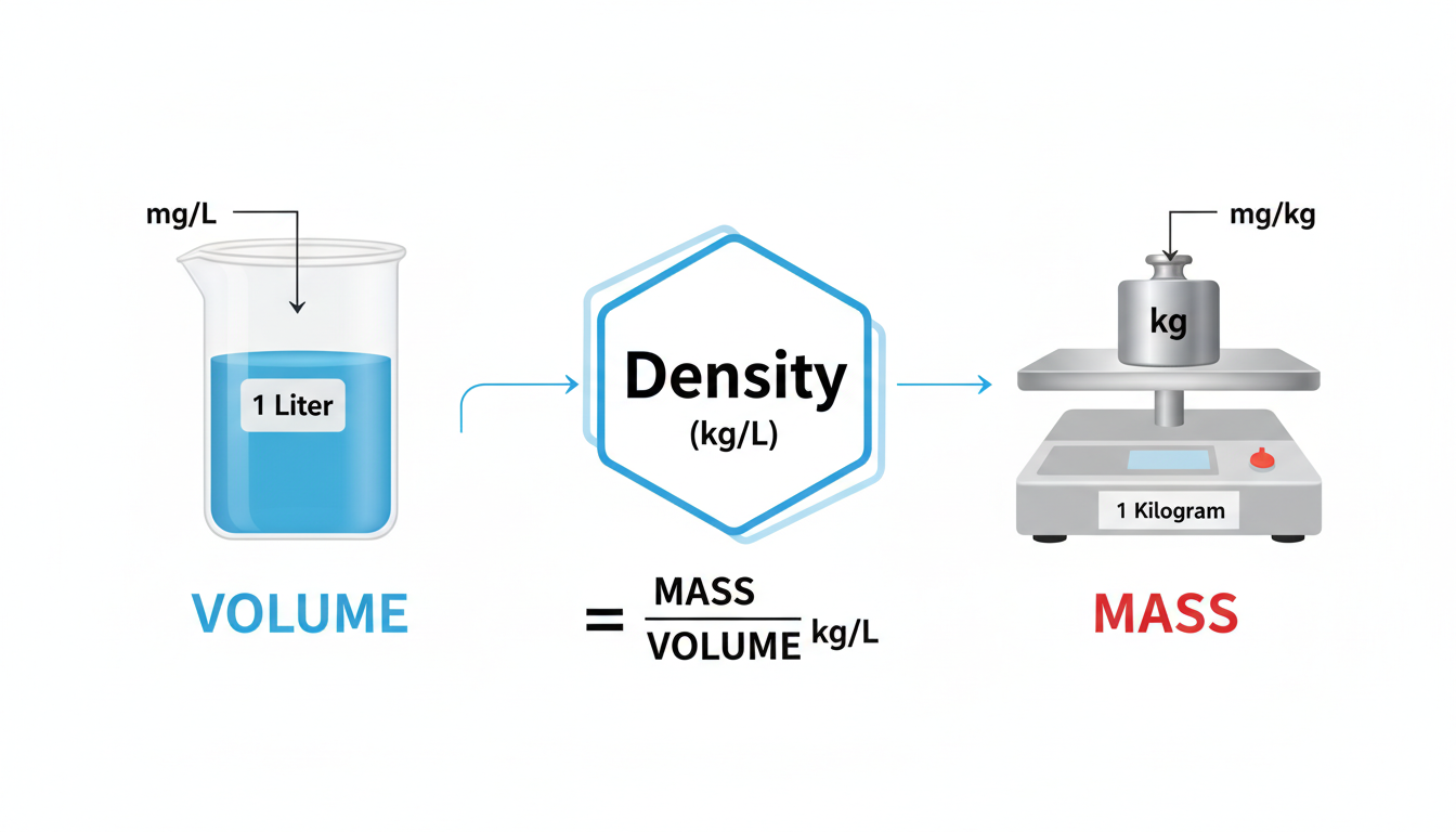 convert mg/L to mg/kg - Educational infographic visually explaining the relationship between Mass, Volume, and Density. On one side, show a beaker labeled '1 Liter' with 'mg/L' pointing to it. On the other, a scale labeled '1 Kilogram' with 'mg/kg' pointing to it. In the middle, a large 'Density (kg/L)' icon acts as a bridge connecting the two concepts.