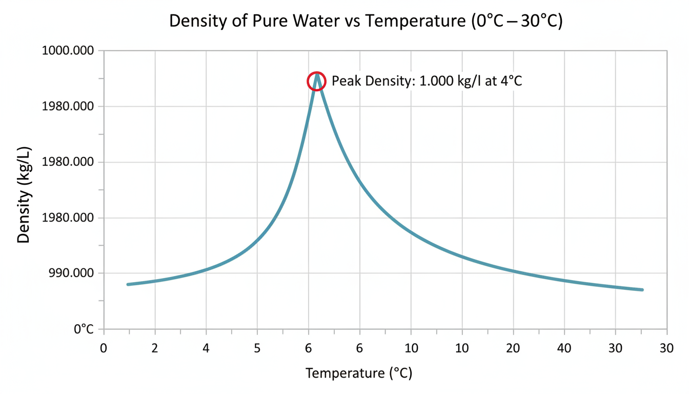 convert mg/L to mg/kg - Data trend graph showing the density of pure water (in kg/L) on the Y-axis versus temperature (in Celsius) on the X-axis from 0°C to 30°C. The graph should show a clear peak at 4°C and a slight decrease on either side, illustrating the impact of temperature.