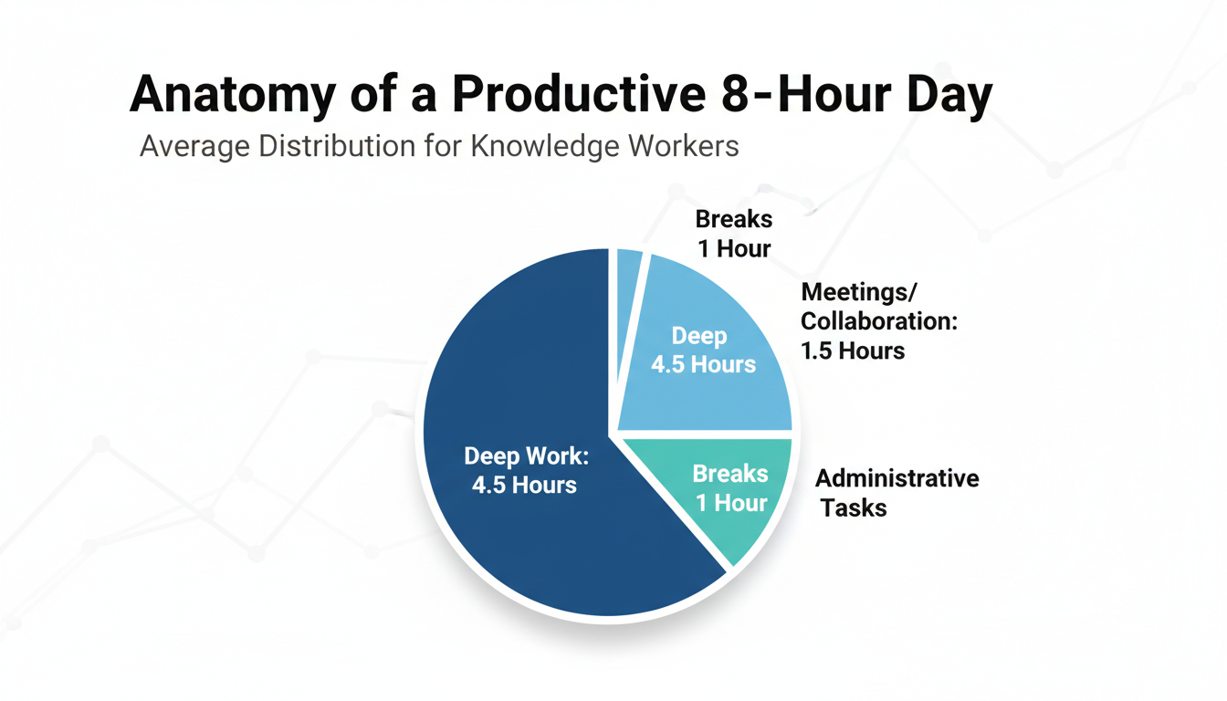 8 to 4 is how many hours - A high-quality data trend graph titled 'Anatomy of a Productive 8-Hour Day', showing a pie chart breakdown: 4.5 hours of deep work, 1.5 hours of meetings/collaboration, 1 hour of administrative tasks, and 1 hour of breaks.