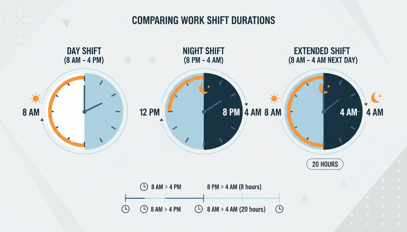 8 to 4 is how many hours - A clean, modern infographic visually comparing three scenarios: an 8 AM to 4 PM daytime clock, an 8 PM to 4 AM nighttime clock, and a 20-hour clock showing 8 AM to 4 AM the next day.