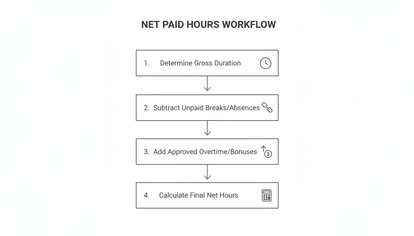 8 to 4 is how many hours - A professional minimalist flowchart showing the 4-step workflow for calculating net paid hours, from 'Determine Gross Duration' to 'Calculate Final Net Hours'.