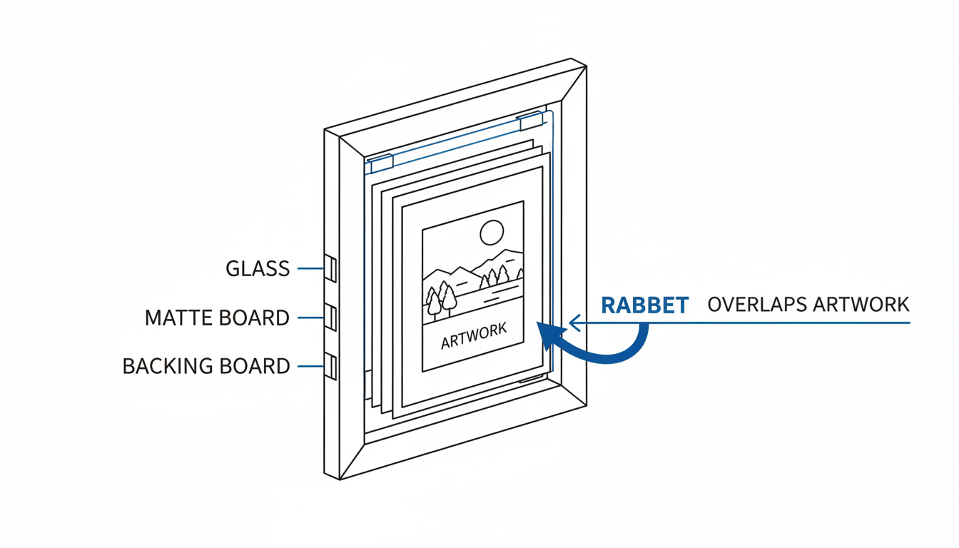 50x70 cm to inches frame - A clear, simple diagram showing a cross-section of a picture frame, with an arrow pointing to the "rabbet" and illustrating how it overlaps the edge of the artwork.