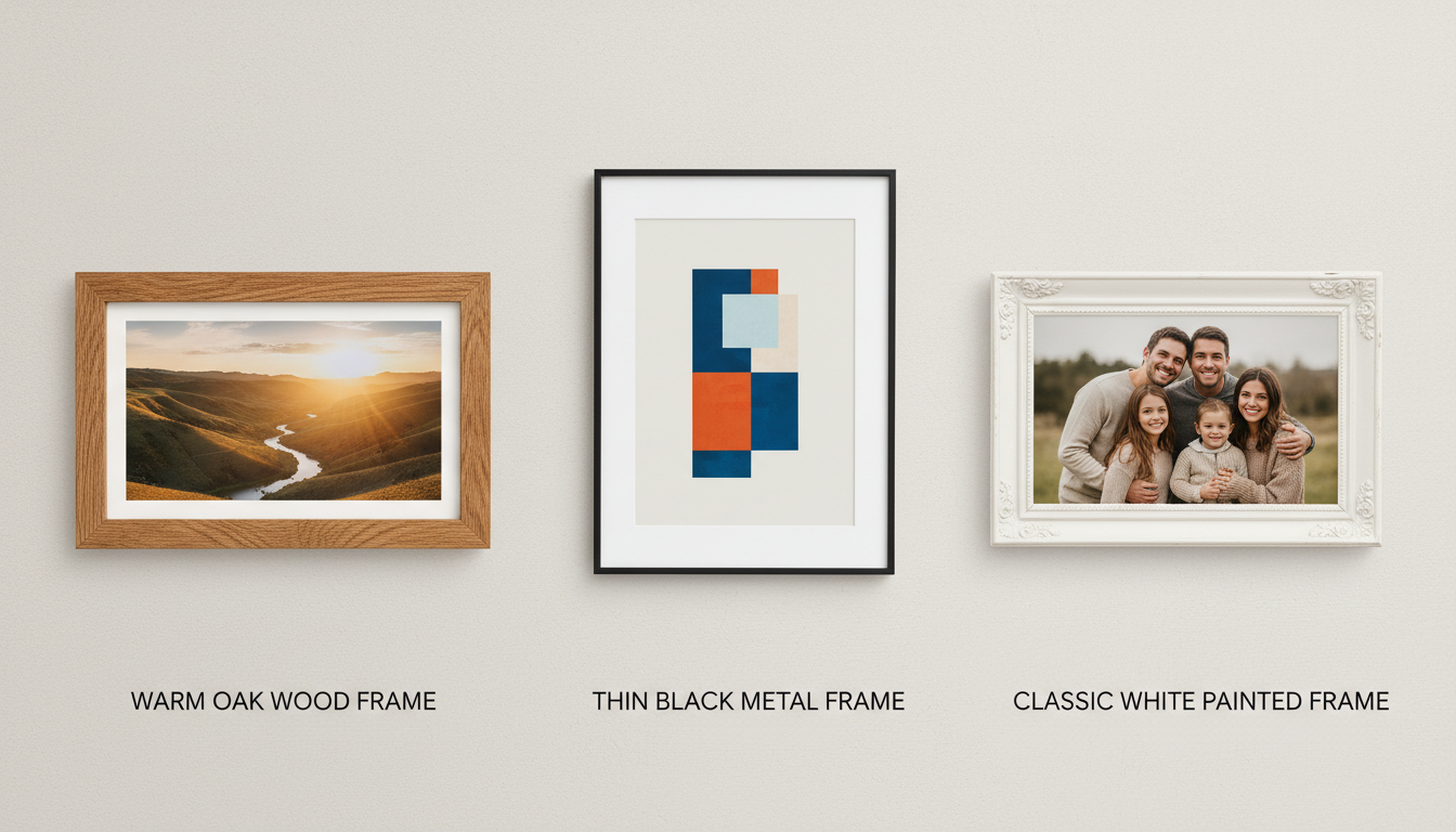 50x70 cm to inches frame - High-quality graphic comparing three frame styles side-by-side: a warm oak wood frame with a landscape photo, a thin black metal frame with a modern art print, and a classic white painted frame with a family portrait.