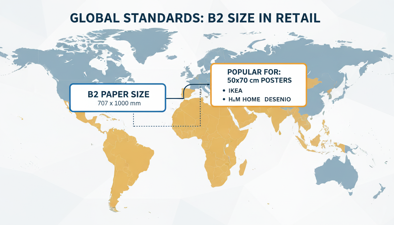 50x70 cm to inches frame - Educational infographic showing a world map with Europe and Asia highlighted, with callouts for B2 paper size, 50x70cm posters, and popular international retailers that use this standard.