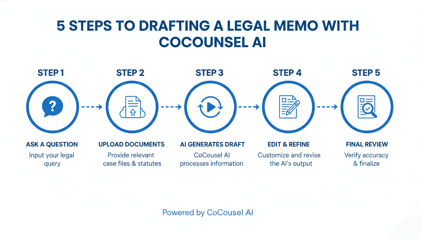 Casetext features - A clean, step-by-step diagram illustrating the 5 steps to drafting a legal memo with CoCounsel AI, using simple icons for each stage: a question mark, a document upload icon, a 'generate' button, and a final 'review' icon with a magnifying glass.