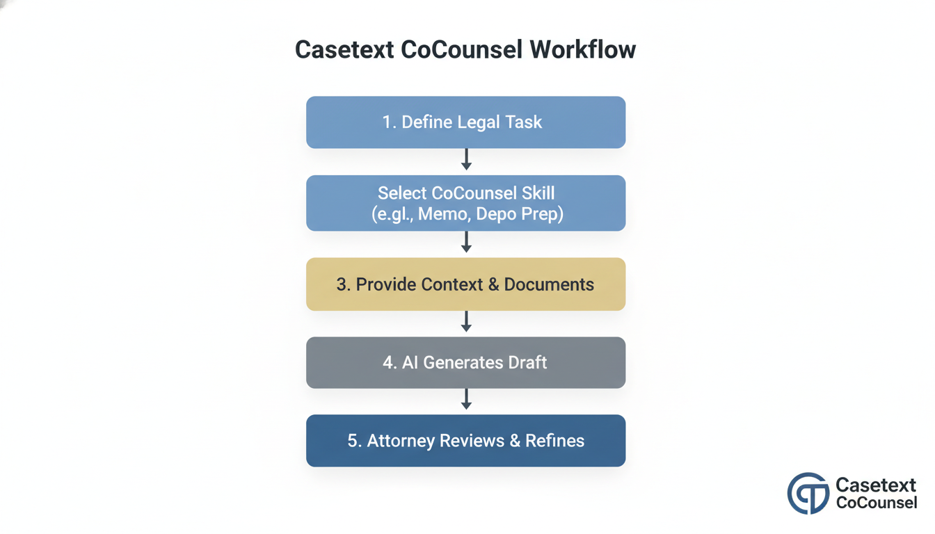 Casetext features - professional minimalist flowchart showing the workflow of using Casetext CoCounsel, starting with 'Define Legal Task', then 'Select CoCounsel Skill (e.g., Memo, Depo Prep)', then 'Provide Context & Documents', leading to 'AI Generates Draft', and finally 'Attorney Reviews & Refines'.