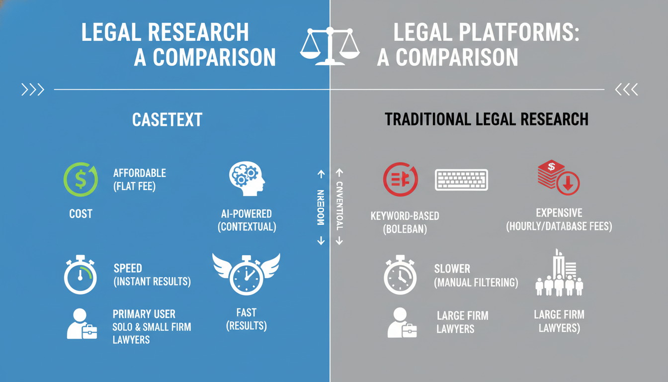 Casetext features - A high-quality infographic comparing Casetext vs. Traditional Legal Research platforms. Use icons and short text to compare cost (dollar sign), search method (brain vs. keyboard), speed (stopwatch), and primary user (solo lawyer vs. large firm lawyer).