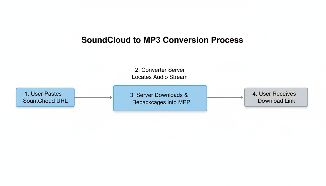 SoundCloud converter - Professional minimalist flowchart showing the 4-step process: 1. User pastes SoundCloud URL. 2. Converter server locates the audio stream. 3. Server downloads and repackages the stream into an MP3. 4. User receives a download link.