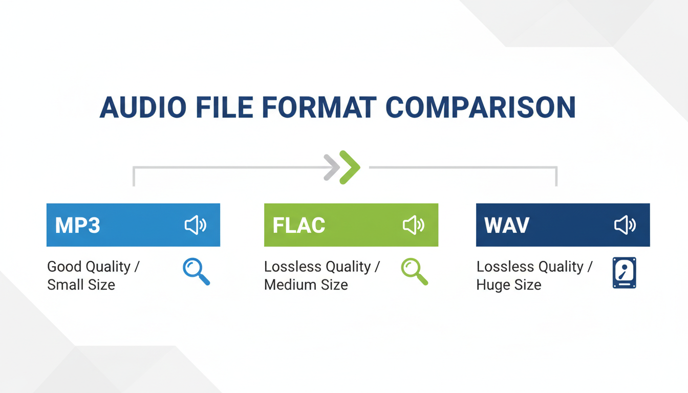 SoundCloud converter - An educational infographic comparing audio file formats. It shows three bars: MP3, FLAC, and WAV. The MP3 bar is smallest with a "Good Quality / Small Size" label. The FLAC bar is medium with "Perfect Quality / Medium Size." The WAV bar is largest with "Perfect Quality / Huge Size."