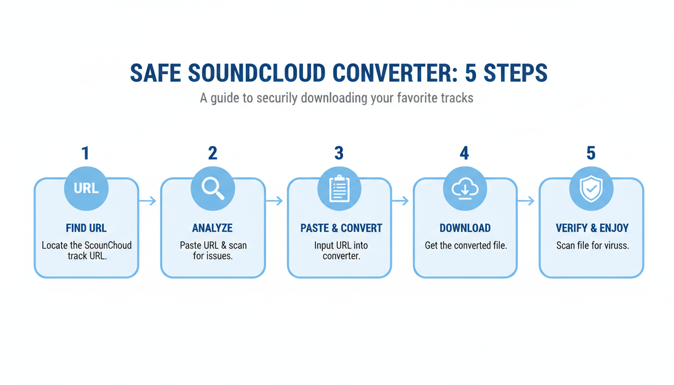 SoundCloud converter - A clean, modern step-by-step diagram illustrating the 5 steps for safely using a SoundCloud converter, with icons for each step: URL, Magnifying Glass, Paste, Download, and Shield.
