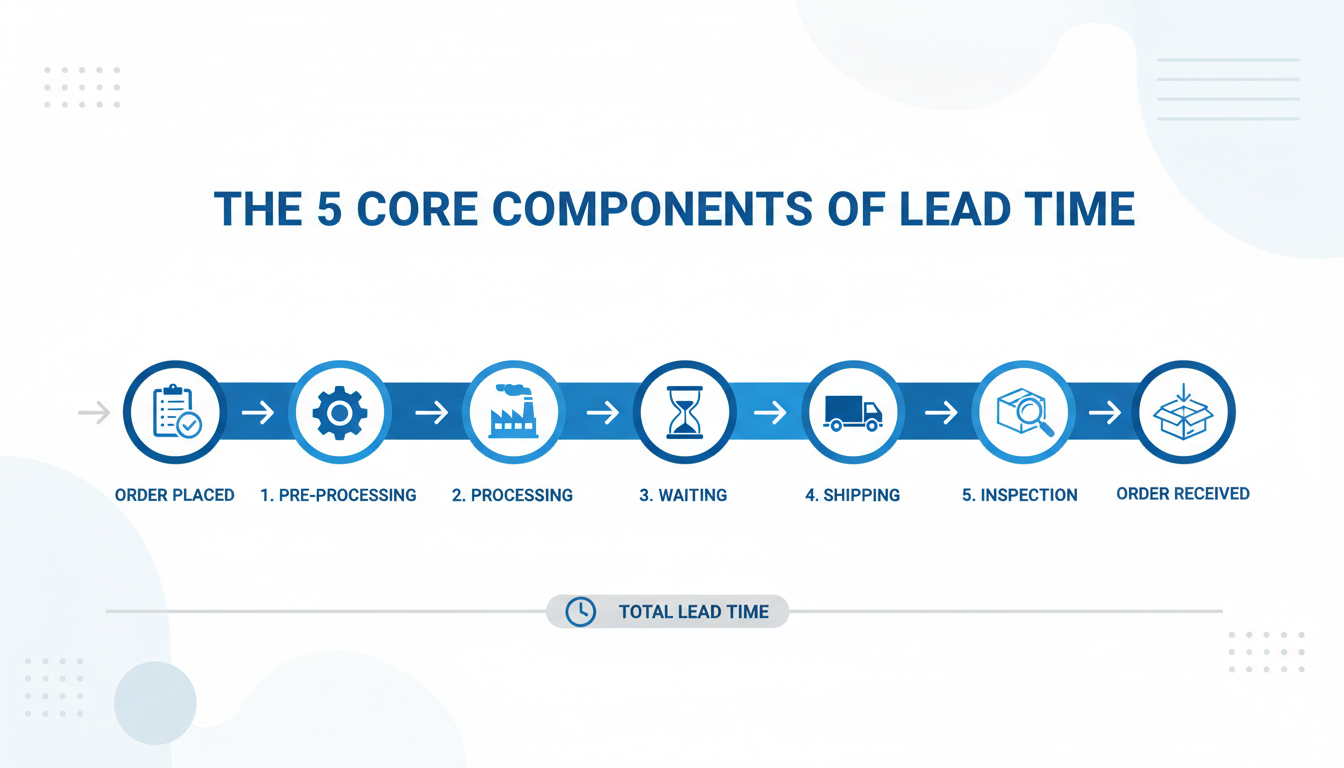 Lead Time Calculator - Detailed infographic titled 'The 5 Core Components of Lead Time' showing a timeline from 'Order Placed' to 'Order Received' with icons for Pre-processing, Processing, Waiting, Shipping, and Inspection.