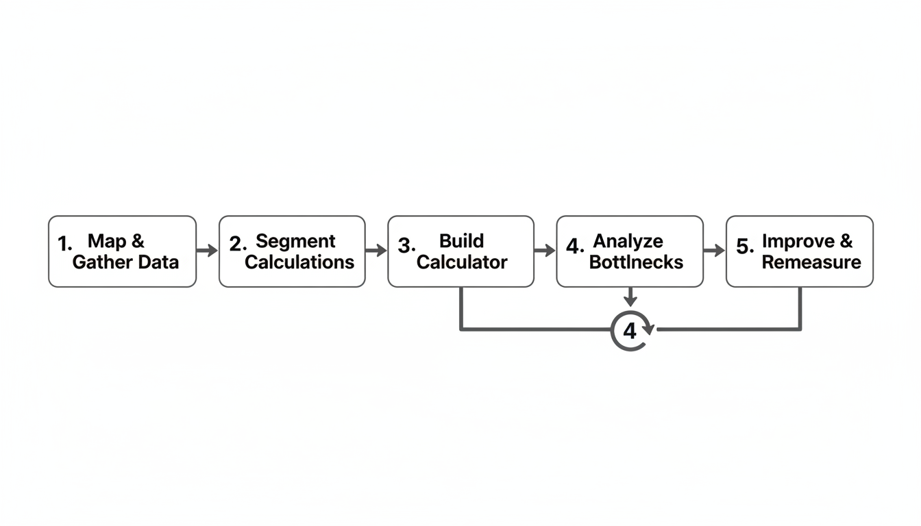 Lead Time Calculator - Professional minimalist flowchart showing the 5-step process: 1. Map & Gather Data -> 2. Segment Calculations -> 3. Build Calculator -> 4. Analyze Bottlenecks -> 5. Improve & Remeasure, with an arrow looping back from step 5 to 4.