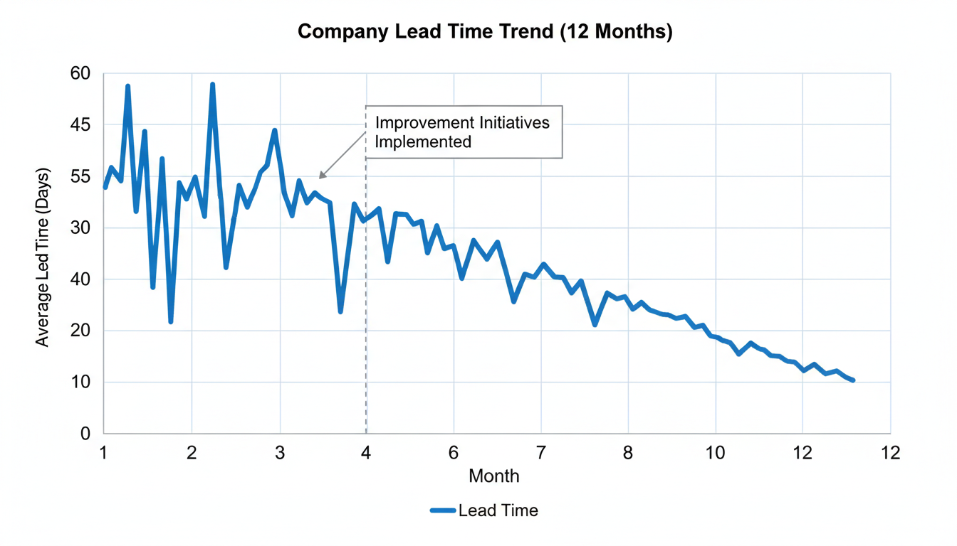 Lead Time Calculator - Data trend graph showing a company's lead time over 12 months. The line starts high and jagged, then trends steadily downward and becomes more consistent after 'Improvement Initiatives Implemented' at month 3.