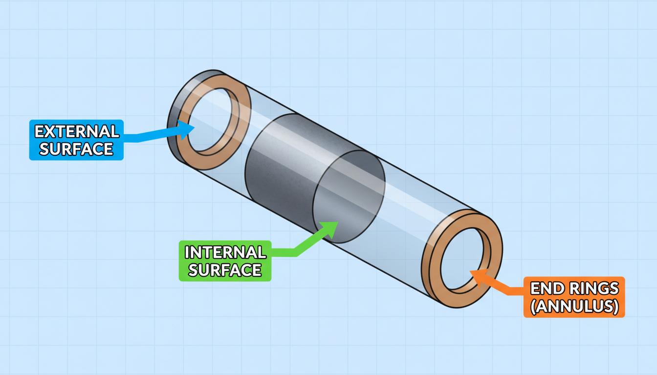 surface area of a pipe calculator - Educational infographic showing a 3D pipe with arrows pointing to the external surface, internal surface, and the end rings (annulus), with each part color-coded.