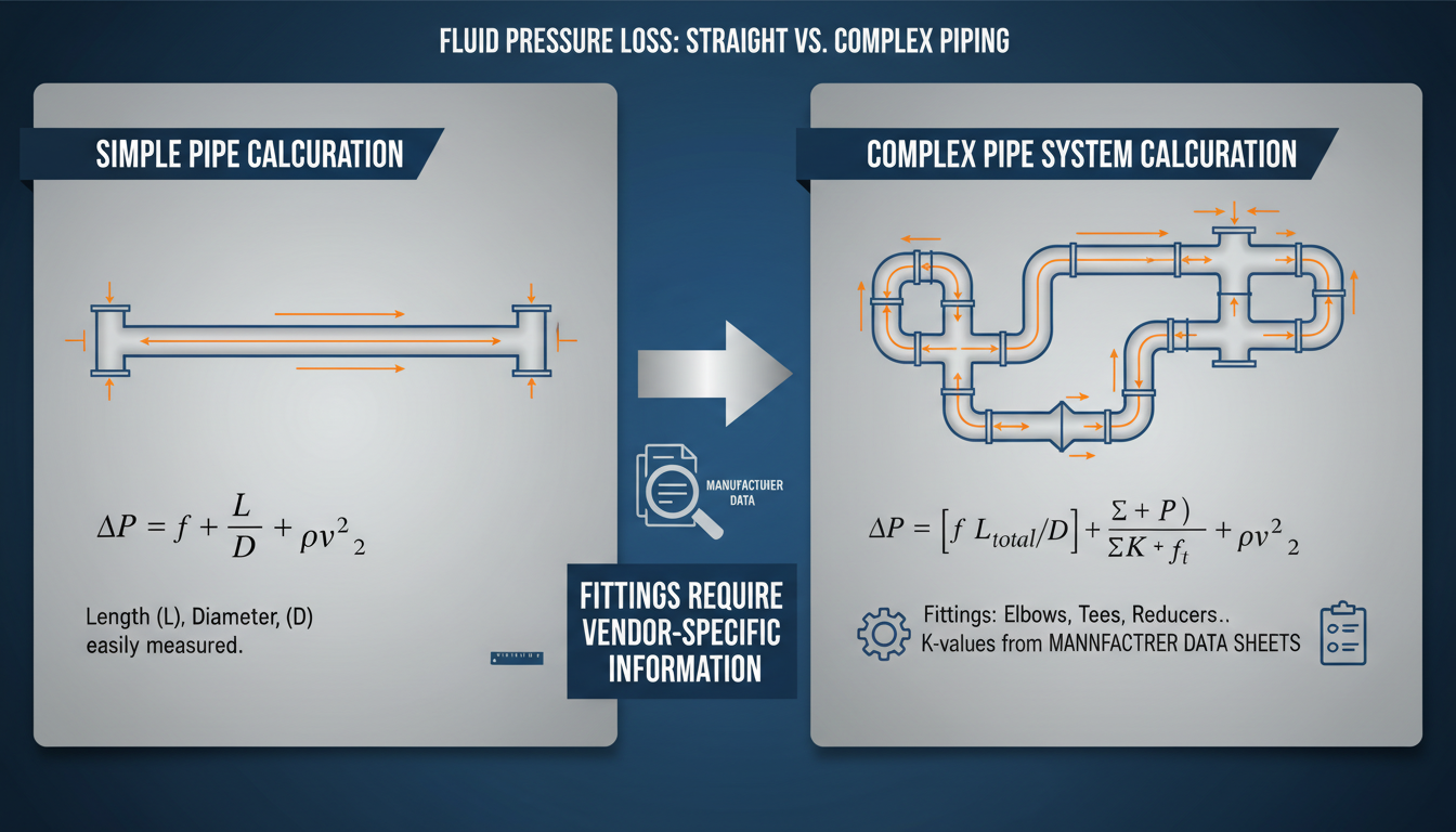 surface area of a pipe calculator - Technical comparison chart as a high-quality graphic, showing a straight pipe with a simple calculation versus a complex pipe system with elbows and tees, highlighting the need for manufacturer data for the fittings.