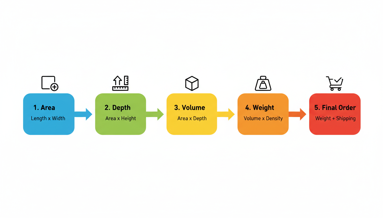 Tons to Square Yards Calculator - A simple step-by-step diagram showing the 5-step calculation process, with icons for area, depth, volume, weight, and final order.
