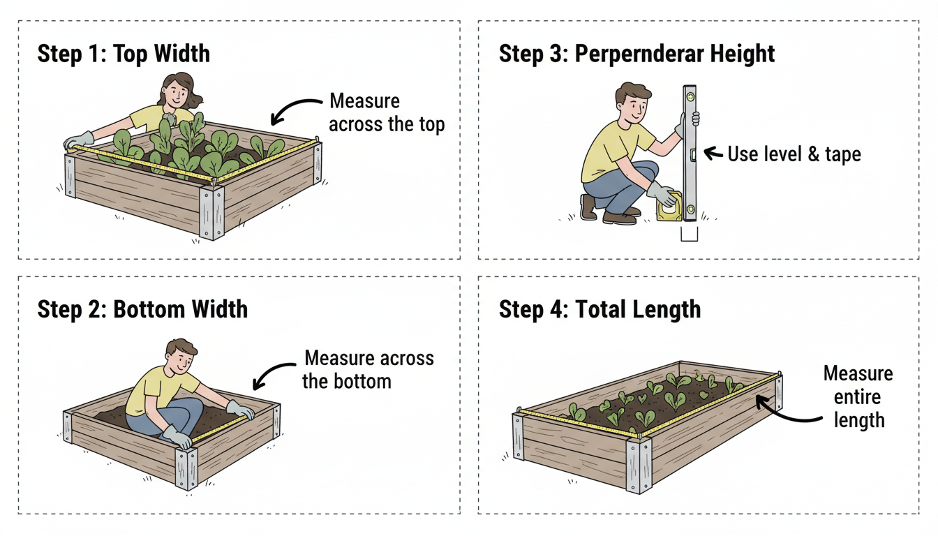 trapezoid volume calculator - A step-by-step diagram showing a person measuring a raised garden bed. Step 1 shows measuring the top width. Step 2 shows the bottom width. Step 3 shows using a level and tape measure to get the true perpendicular height. Step 4 shows measuring the total length.