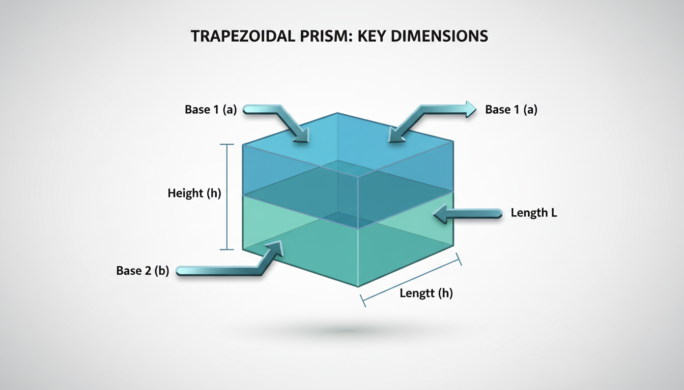 trapezoid volume calculator - A clean, professional infographic clearly labeling the four key parts of a trapezoidal prism: Base 1 (a), Base 2 (b), Height (h), and Length (L). Use 3D-style arrows to point to each dimension on a semi-transparent shape.