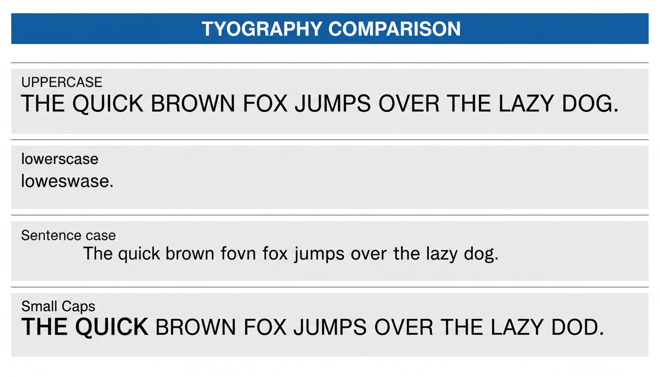 change case in word - A detailed comparison graphic showing the visual difference between "UPPERCASE," "lowercase," "Sentence case," and "Small caps" using the same phrase. The Small caps example should clearly illustrate the height difference in the letters.