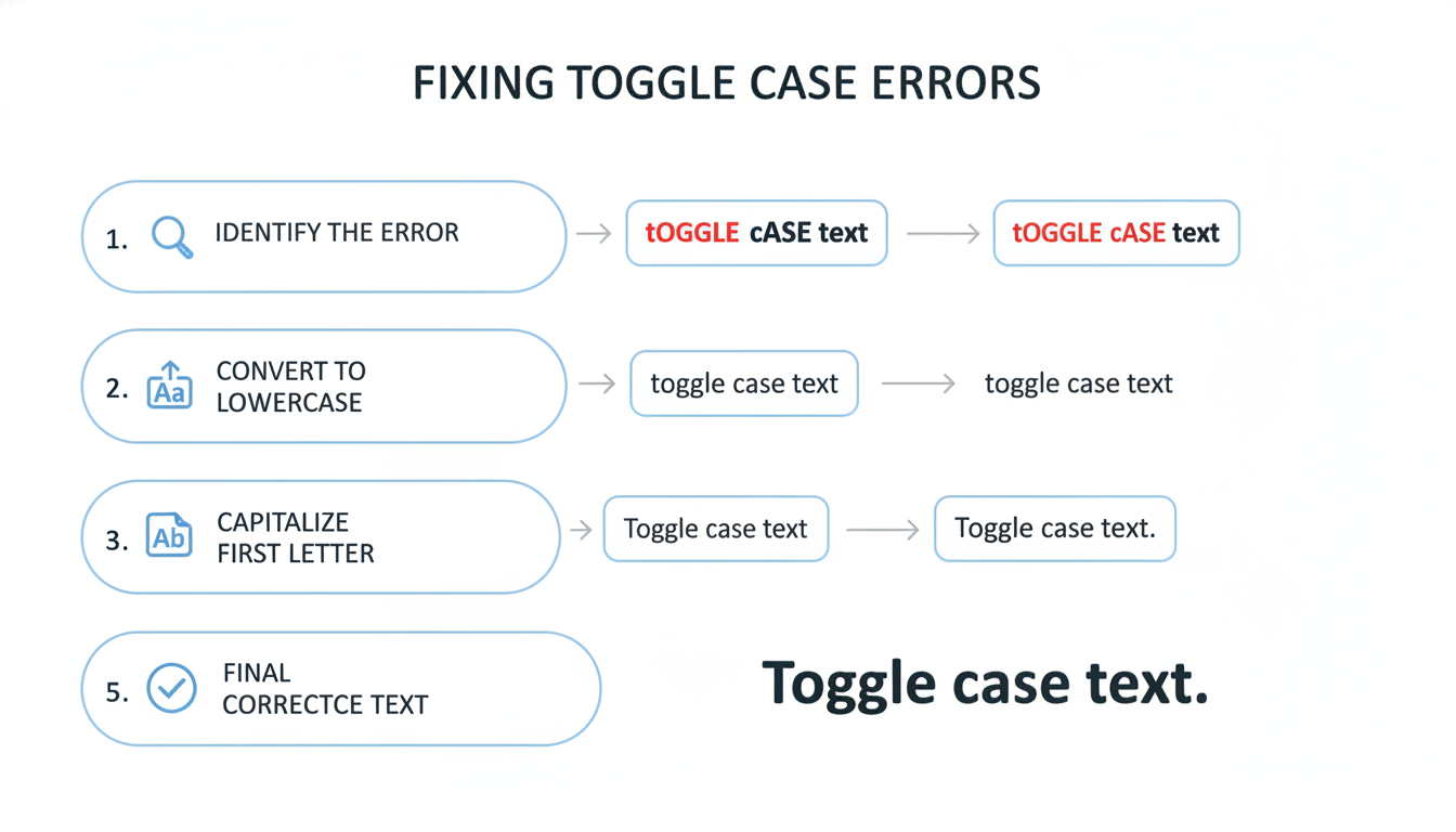 change case in word - A simple, numbered step-by-step diagram illustrating the 5 steps to fix a "tOGGLE cASE" error. Each step has a mini-icon and a short text description, showing the text transform at each stage.