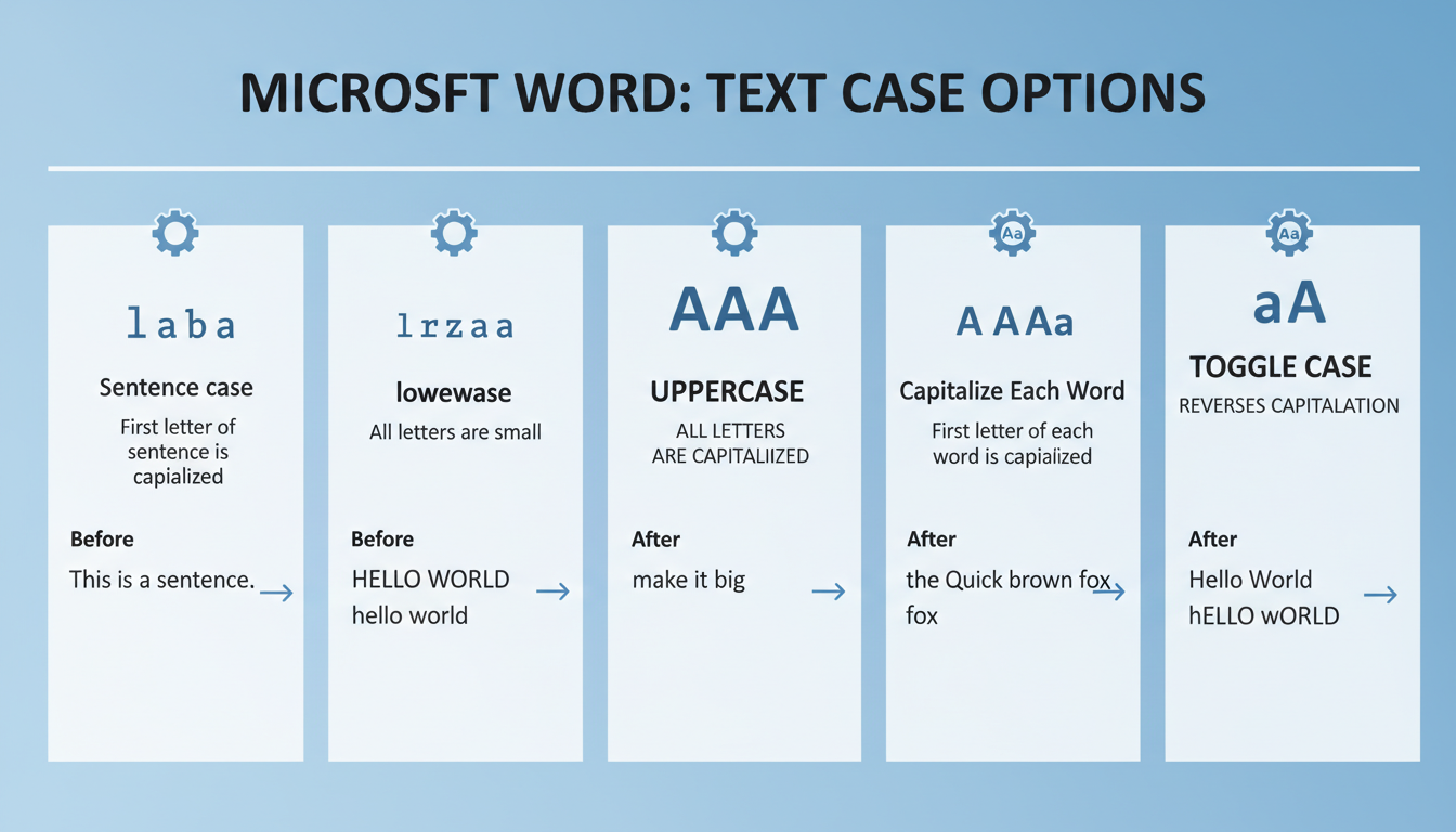 change case in word - A clean, modern infographic visually comparing the five case options in Microsoft Word. Each option (Sentence case, lowercase, UPPERCASE, Capitalize Each Word, tOGGLE cASE) has a clear icon, a short description, and a visual "Before -> After" text example.