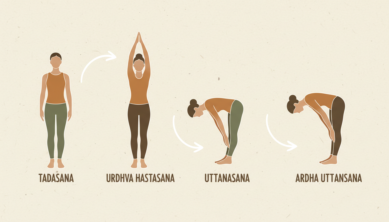 Hands to Feet Pose - A dynamic graphic showing a mini yoga flow sequence: Tadasana to Urdhva Hastasana to Uttanasana to Ardha Uttanasana, with arrows indicating the flow of movement.